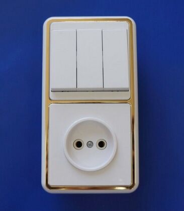 Блок Бэлла БКВР-039 'З' 3 клавишный выключатель+розетка без з/к бел/зол 250В